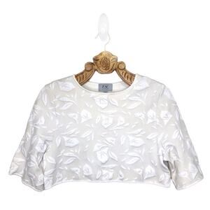 Zac Posen Top White Ecru Jacquard Floral Crop Boxy Wide Sleeve Crew Neck Small